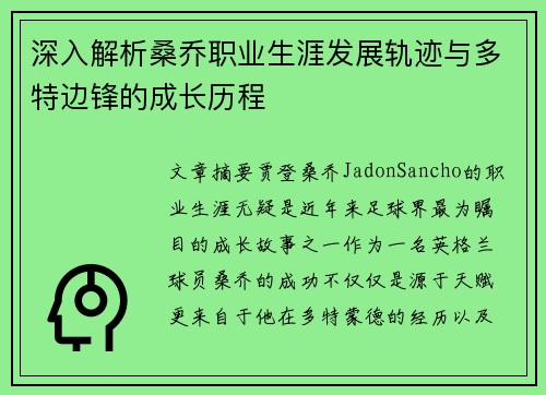 深入解析桑乔职业生涯发展轨迹与多特边锋的成长历程
